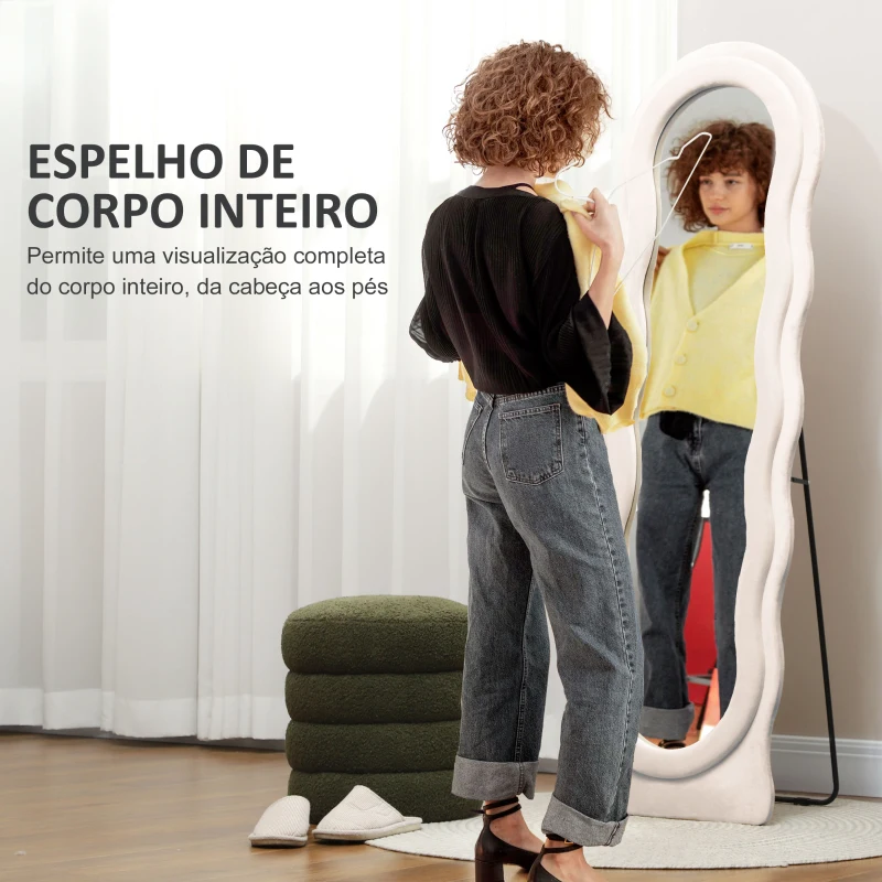 HOMCOM Espelho de Pé 50x160 cm Espelho de Corpo Inteiro ou de Parede com Desenho Assimétrico e Estrutura de Veludo Creme