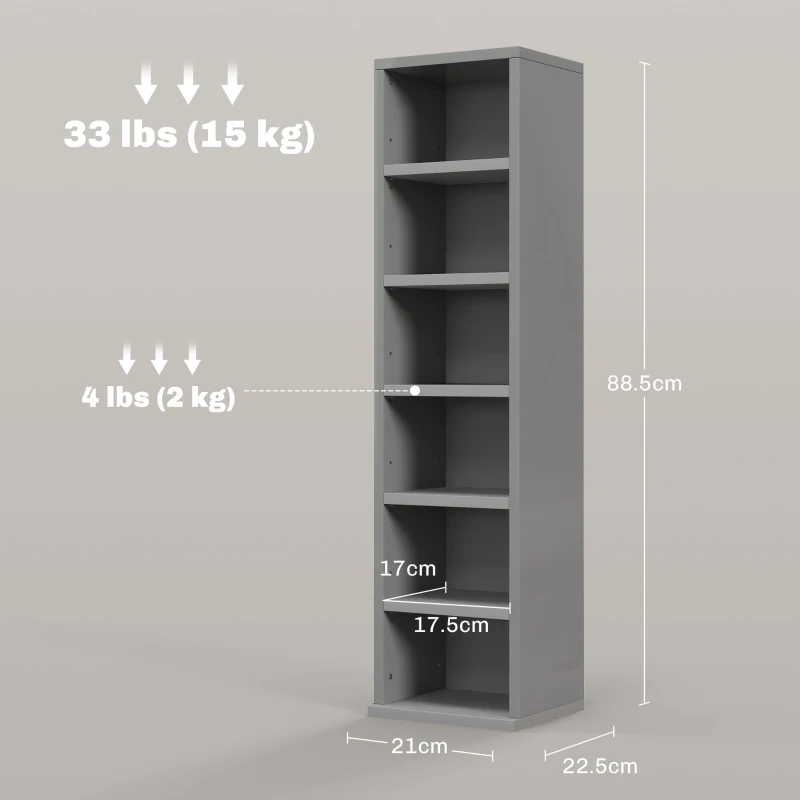 HOMCOM Set of 2 CD Media Display Shelf Unit Tower Rack with Adjustable Shelves, High Gloss Grey