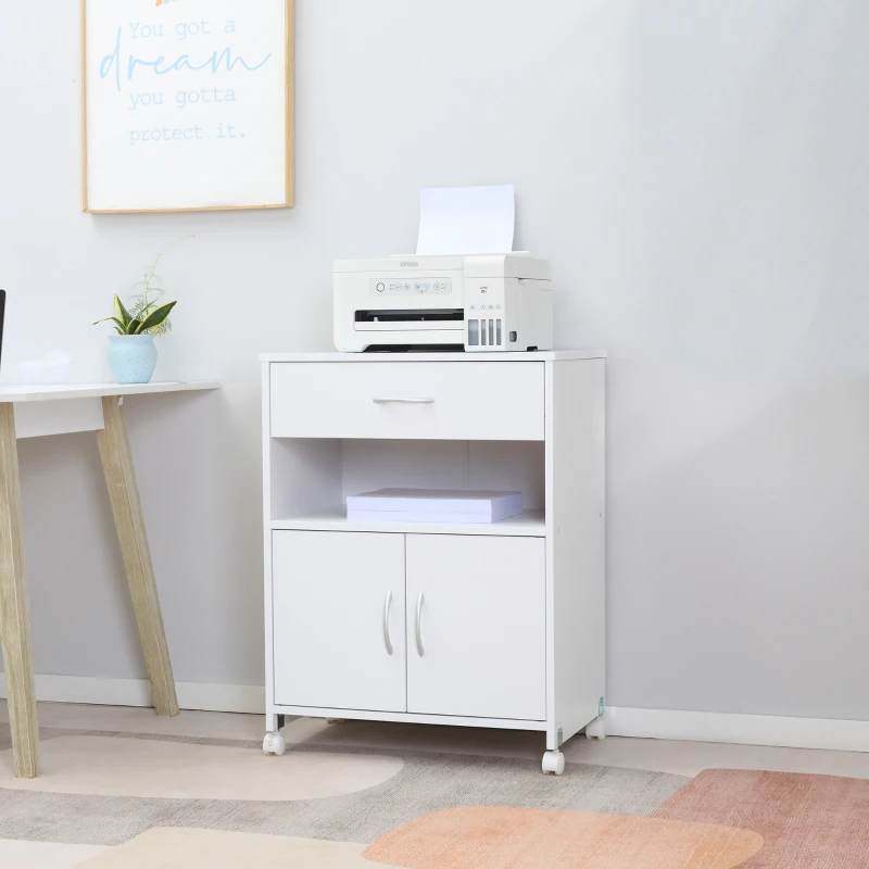 Vinsetto Mobile Porta Stampante con 4 Ruote, Cassetto e Armadietto, 60x39x80cm - Bianco