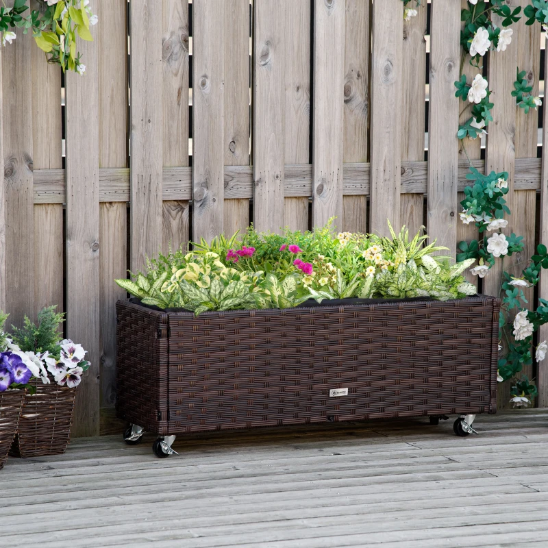 Outsunny Hochbeet Poly Rattan mit Rollen Pflanzkasten mit Abflusslöchern Blumenkasten Blumenkübel Kaffee-Braun 94,5 x 31 x 36 cm