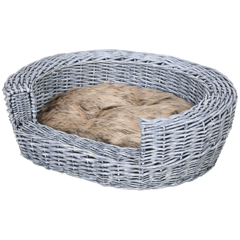 PawHut Wicker Pet Bed Willow Dog Cat Sofa Puppy Basket with Cushion Grey 57L x 46W x 17.5H cm