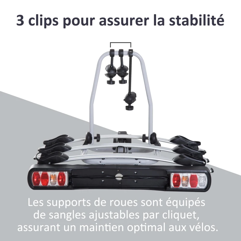 HOMCOM Porte-vélos d'attelage 3 vélos -Porte-vélos sur Boule d'attelage Broches 3 vélos - Sangles de sécurité, Bloque-Cadres intégrés - Espace Plaque immatriculation - alu. Noir
