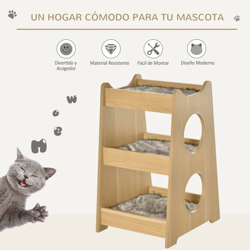 PawHut Cama para Gatos de 3 Niveles con Alfombrillas Extraíbles y Múltiples Entradas Mueble Litera para Gatitos 50x43x74 cm Color Madera Natural