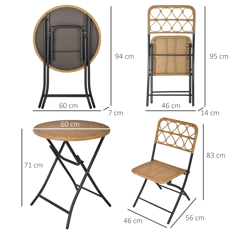 Outsunny Conjunto de Mesa y 2 Sillas Plegables de Ratán con Respaldo para Jardín Terraza Exterior Estructura de Acero Ø60x71 cm y 46x56x83 cm Madera Natural