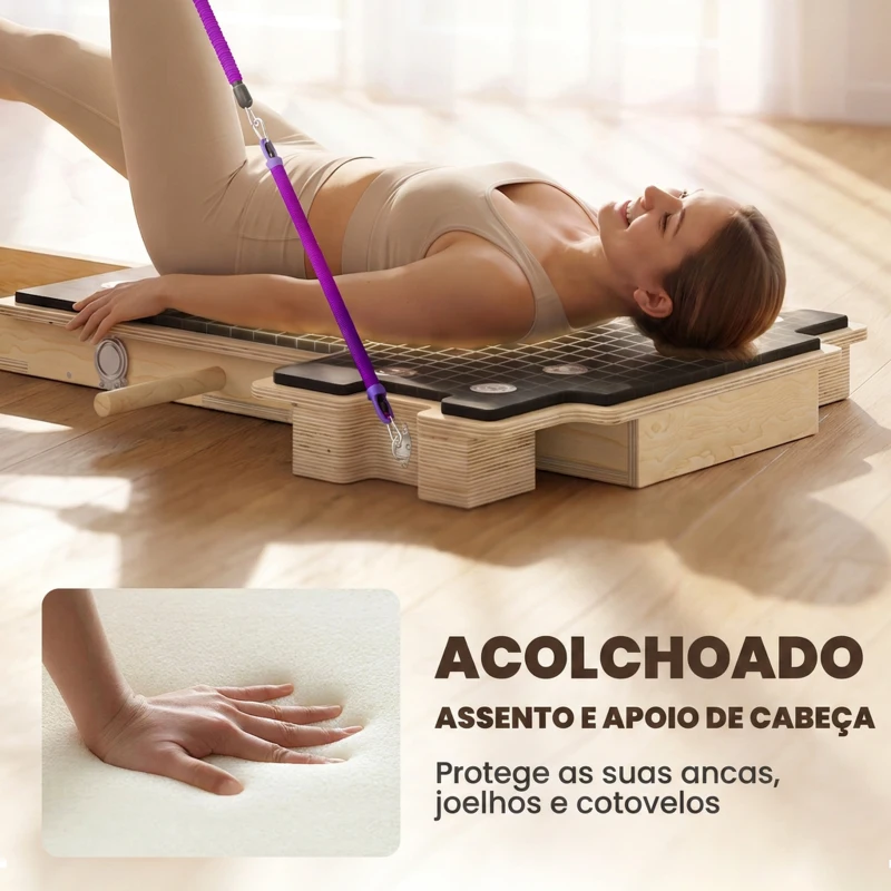 SPORTNOW Mini Reformer Pilates com Bandas de Resistência Pegas Roda Abdominal para Treino de Corpo Completo 165x80x10 cm Madeira
