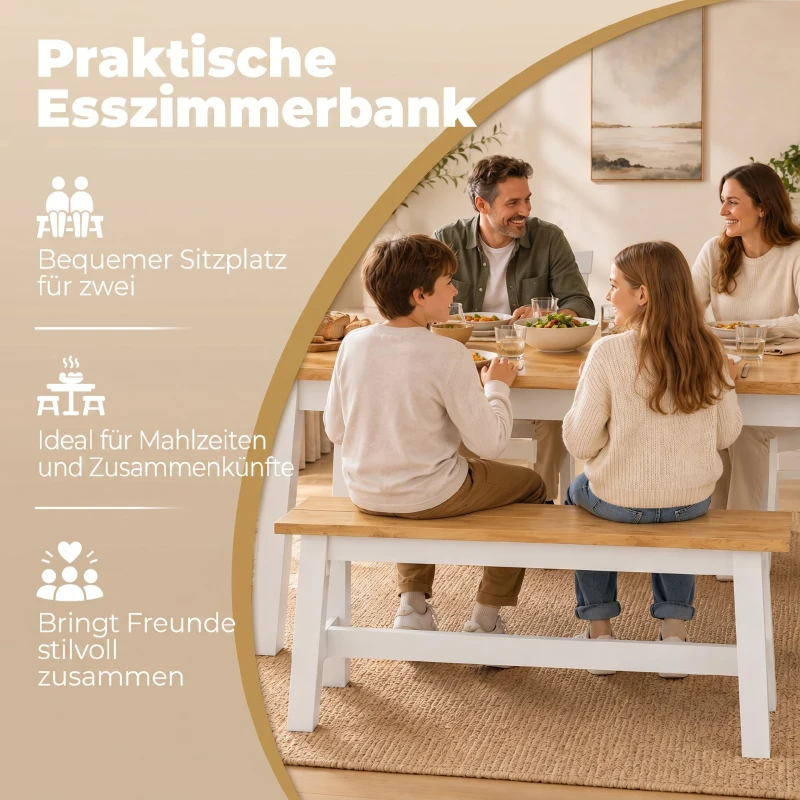 HOMCOM Zitbank voor 2, Houten Bank in Eikenlook, Stabiliserende Dwarsbalk, voor Woonkamer, Eetkamer, Hal, Rubberhout, Wit