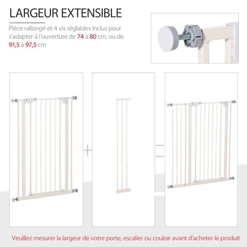 Barrière de sécurité Longueur réglable dim. 74-80 cm ou 91,5-97,5 cm métal Plastique Blanc
