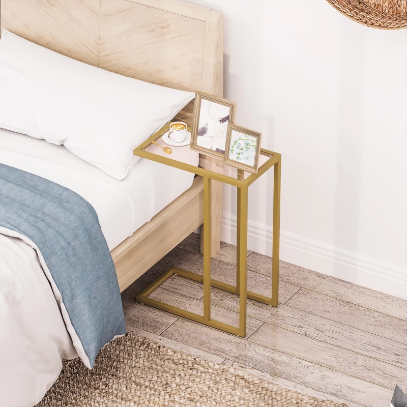 HOMCOM C-Shaped Side Table, Modern Slim End Table with Tempered Glass Tabletop, Steel Frame for Small Space, Living Room, Bedroom, Gold Tone
