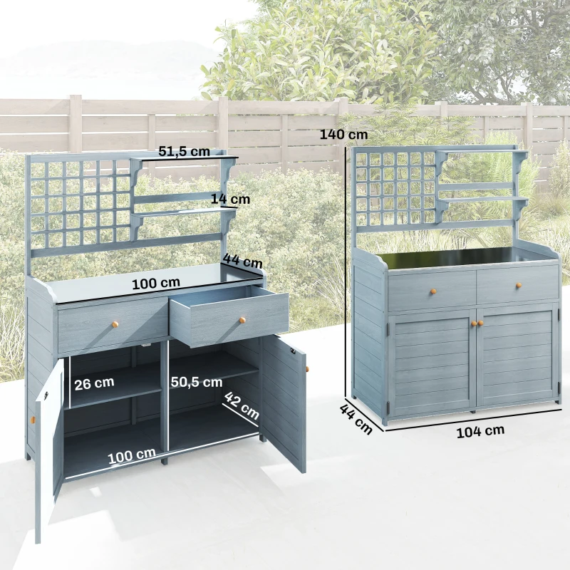 Outsunny Plantentafel met Kast Outdoor - Houten Tuinkast met Gegalvaniseerd Werkblad, 2 Lades, 104x44x140 cm, Lichtgrijs