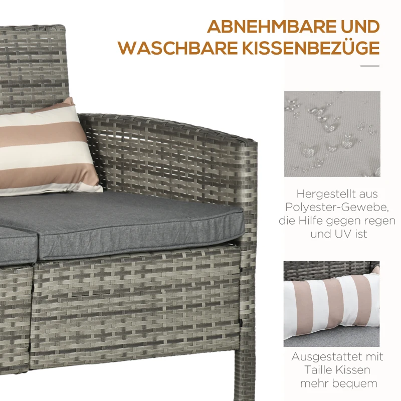 Outsunny Rattan Sofa mit Kissen, Dreisitzer, Garten Loungesofa, Stahl, Grau, 173 x 68 x 78 cm