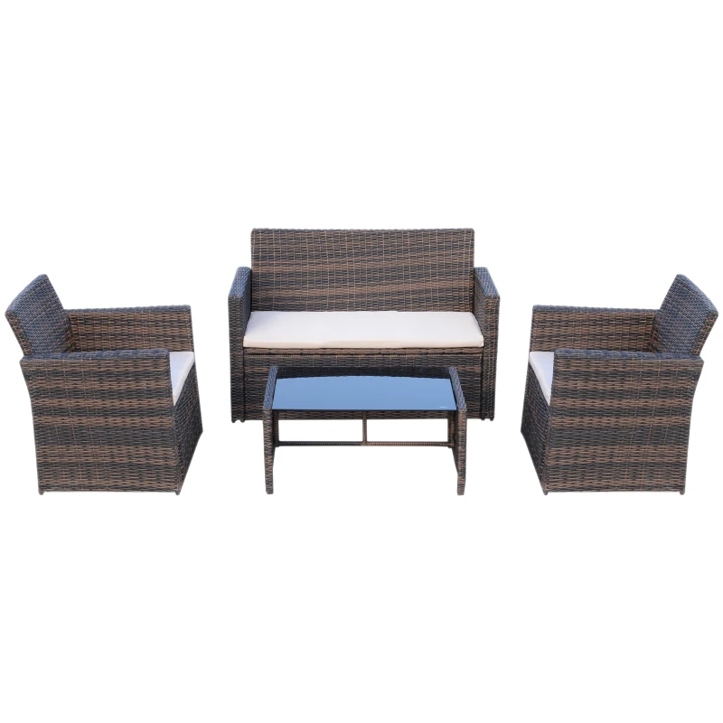 Outsunny 4 Pieces PE Rattan Garden Sofa Set with Cushions, Outdoor Patio Wicker Weave Conservatory Furniture Set with a Loveseat, 2 Armchairs and a Glass Top Coffee Table, Mixed Brown