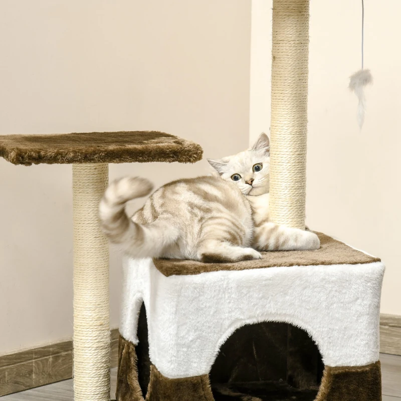 PawHut Cat Tree Tower for Indoor Cats Kitten House Scratching Posts with Condo Perch Interactive Mouse Toy, 45 x 33 x 70 cm, Brown