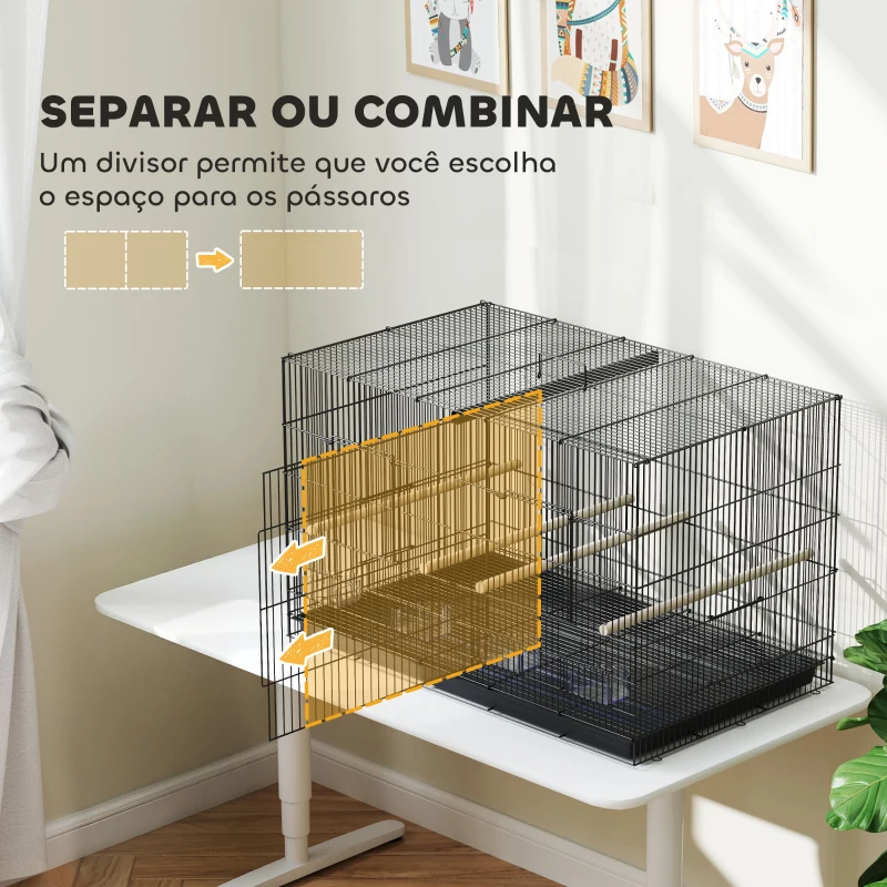 PawHut Gaiola para Pássaros com Divisória com Comedouros Poleiros e Bandeja Removível 94x57x57 cm  Preto