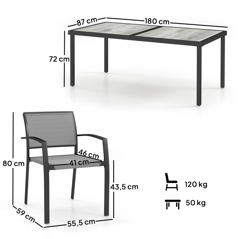 Outsunny 7-delige eettafelset, 6 stoelen, 1 tafel, stapelbaar, gemakkelijk te reinigen, stalen frame, tuinmeubelset, grijs