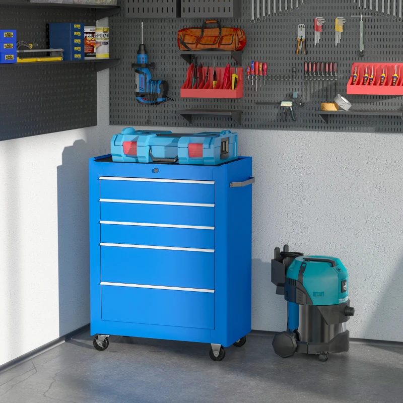 HOMCOM Carrello Porta Attrezzi con 5 Cassetti, Tappetini in EVA, Carrello Officina Portautensili con Serratura e 2 Chiavi, 4 Ruote Girevoli (2 con Freno), Maniglia, in Acciaio per Garage, Blu