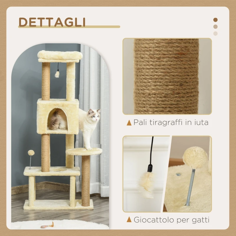PawHut Albero Tiragraffi per Gatti Alto 136 cm con Cuccia Rimovibile, Casetta e Lettino, Pali in Iuta, Beige