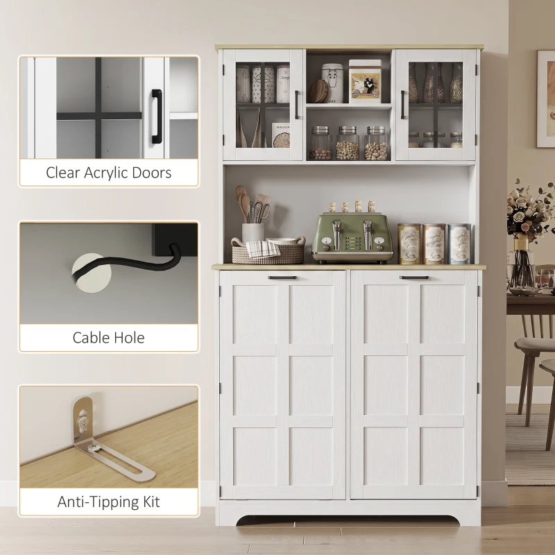 HOMCOM 175cm Tall Kitchen Cabinet, Kitchen Cupboard with Rubbish Bin Cabinet, 3 Door Shelves and 2 Acrylic Doors, White