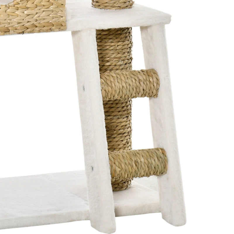 PawHut Krabpaal met Kattenhuis, Sisal Krabpalen, Wasbare Kussens, 100,5H x 57L x 37B cm, Wit/Natuur
