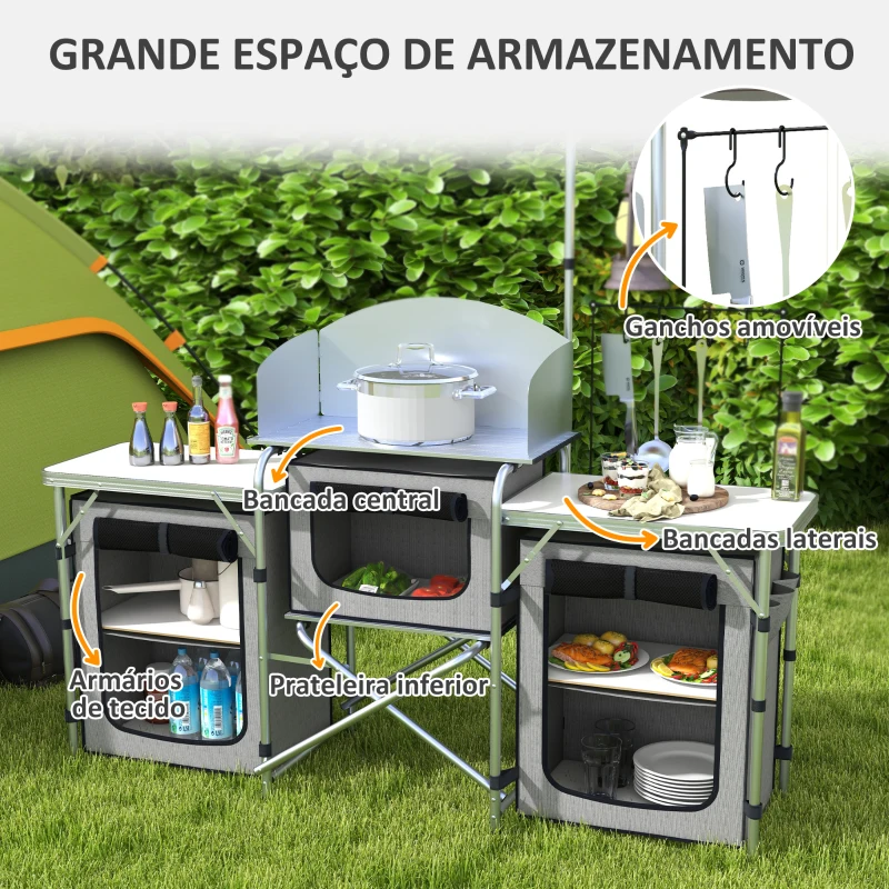 Outsunny Armário de Cozinha para Camping Dobrável com 3 Bancadas, 4 Ganchos, Poste de Luz e Bolsa de Transporte, 172x48x130 cm, Cinzento