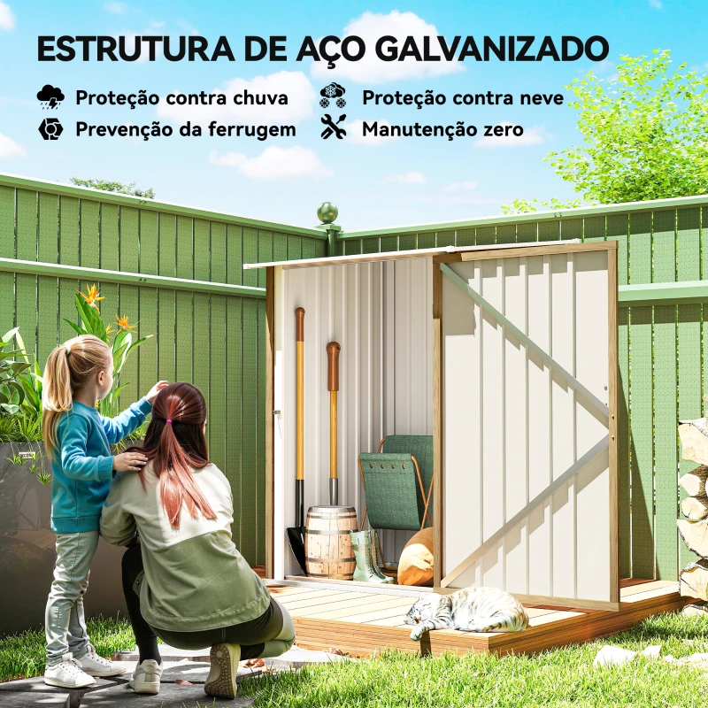 Outsunny Abrigo de Jardim Metálica 0,92 m² 100x103x160 cm com 1 Porta e Fecho para Armazenamento de Ferramentas Castanho Claro