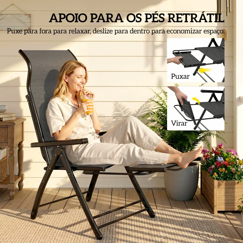 Outsunny Conjunto de 2 Cadeiras Dobráveis Reclináveis de Jardim Exterior com Encosto Alto Ajustável em 5 Posições Apoio para Pés Cinza Escuro