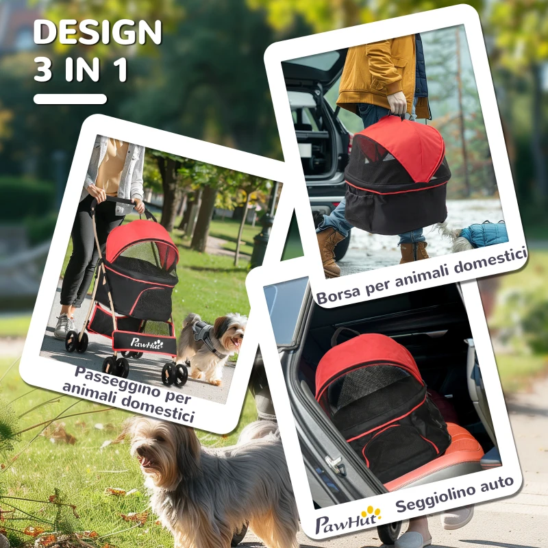 PawHut Passeggino per Cani Convertibile con 2 Guinzagli e Cuscino, in Acciaio e Poliestere, 82x49.5x98 cm, Rosso e Nero