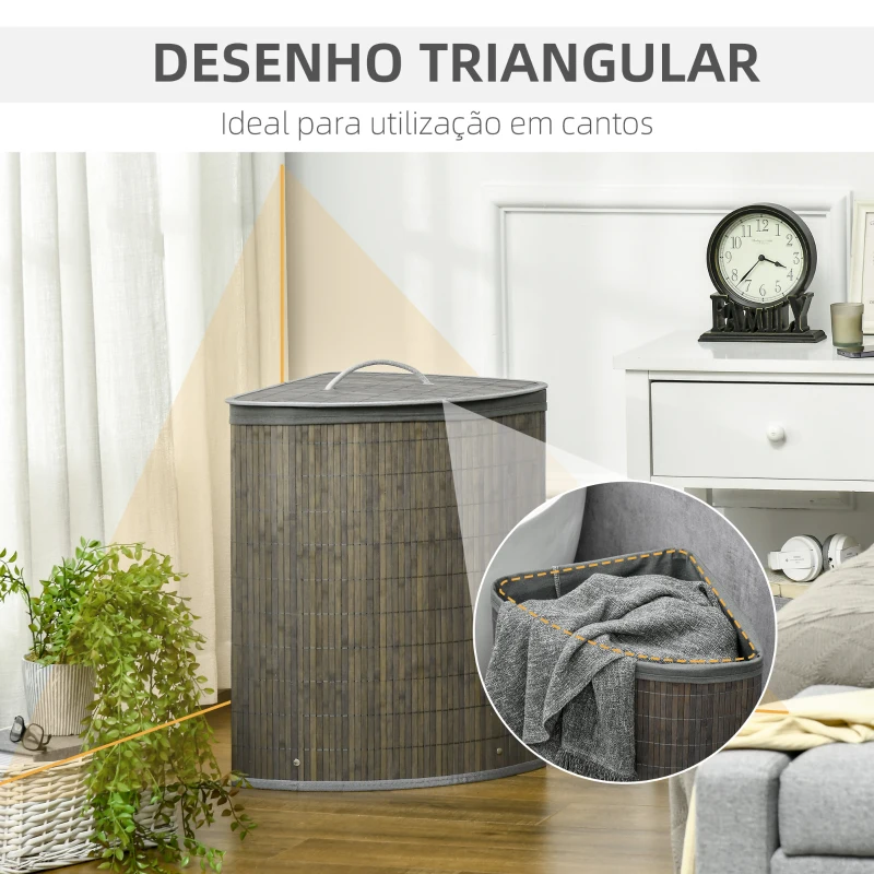HOMCOM Cesto de Roupa de Bambu Capacidade de 55L Cesto para Roupa Suja com Tampa e Bolsa Amovível 38x38x57 cm Cinza