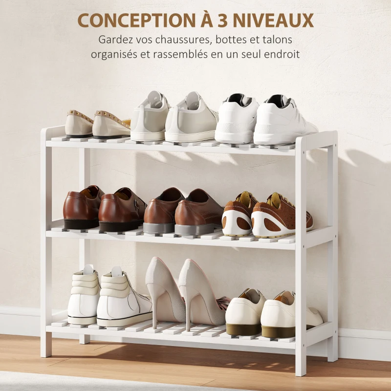 HOMCOM Étagère à chaussures, porte-chaussures 3 niveaux, étagères à lattes, en bois de pin， 70 x 26 x 57,5 cm, blanc