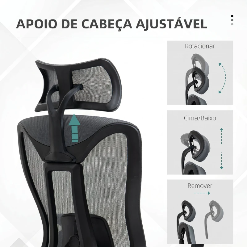 Vinsetto Cadeira de Escritório em Malha com Apoio de Cabeça Ajustável, Apoio Lombar e Apoios de Braços 3D, 70x66x128 cm, Cinzento