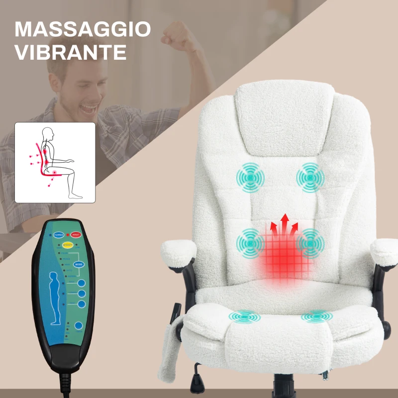Vinsetto Sedia da Ufficio Massaggiante e Regolabile con Telecomando, in Tessuto Teddy, 67x74x107-116 cm, Bianco