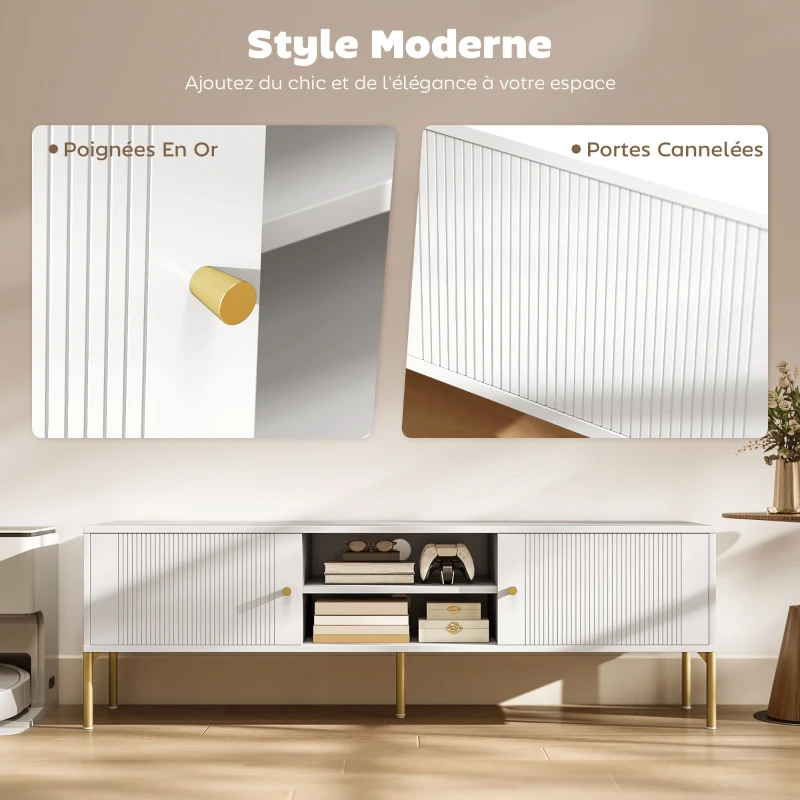 HOMCOM Meuble TV, meuble télé jusqu'à 65 pouces avec 2 portes, 2 compartiments ouverts, pieds en acier, 140x38x45,9cm, blanc