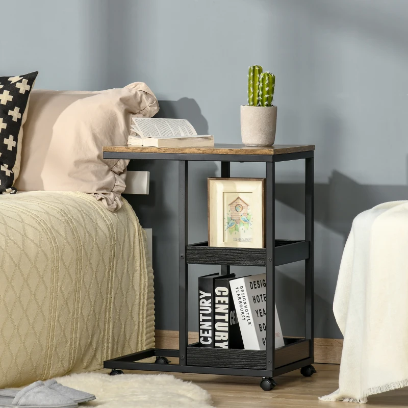 HOMCOM Mesa Auxiliar Industrial em Forma de C com Rodas Prateleiras Abertas e Estrutura de Aço 51x33x66 cm Marrom Escuro e Preto