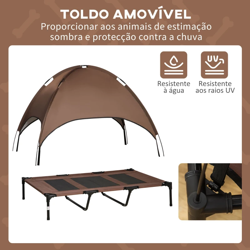 PawHut Cama Elevada para Animais de Estimação Portátil com Toldo Amovível Tecido Respirável 122x92x108cm Marrom