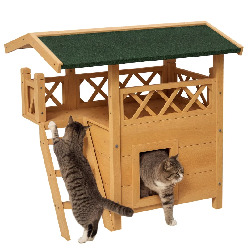 PawHut Kattenhuis Kattenhut Huisdierhut, met dak van asfalt, 2 verdiepingen, 1 ladder, natuurlijk + groen(m-15)
