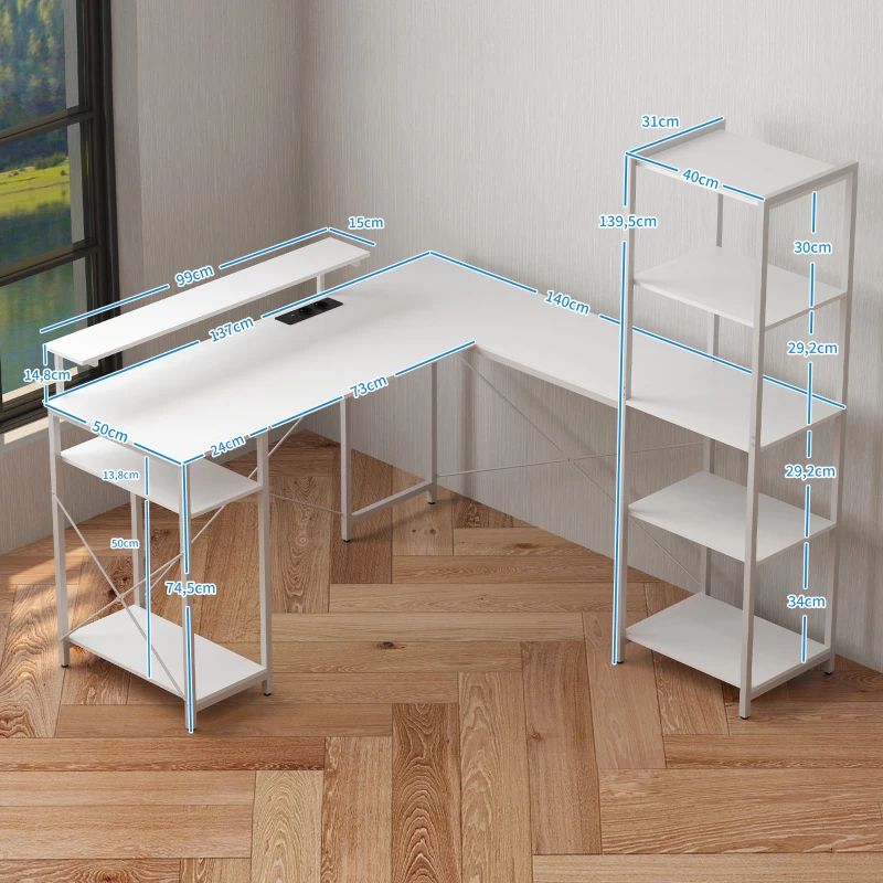 HOMCOM L-vormig bureau met oplaadstation, hoekcomputertafel met monitorstandaard en planken, voor thuiskantoor, kantoor, Wit(m-3)