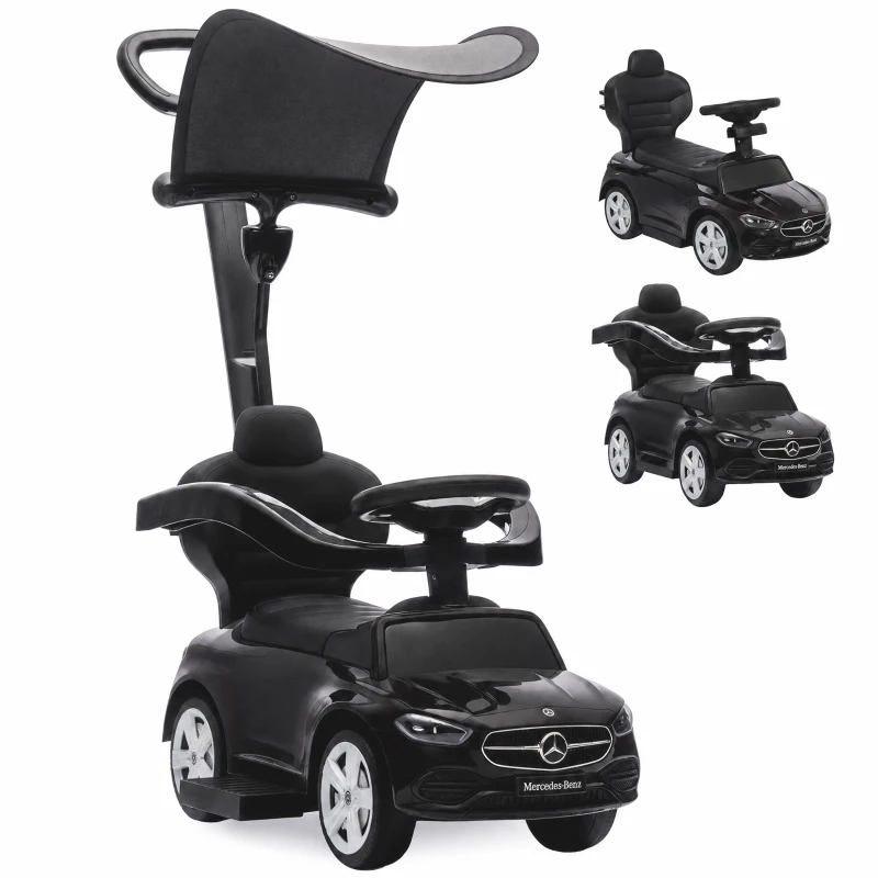 AIYAPLAY 3 in 1 Licensed Benz Ride on Push Car with Handle, Canopy, Guardrails, Horn, Music, Storage for 12-36 Months, Black