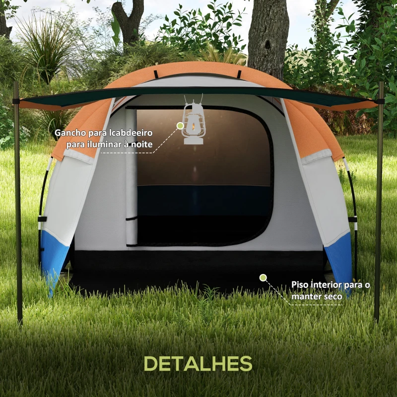 Outsunny Tenda de Campismo Familiar para 2-3 Pessoas com 2 Áreas e Bolsa de Transporte Impermeável 420x200x150 cm Cinza e Laranja