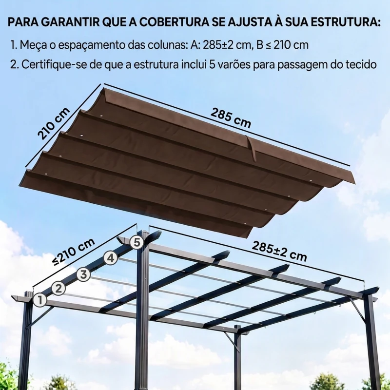 Outsunny Telhado de Reposição Retrátil 3x2,5 m para Estrutura de 3x2 m Tecido Apenas para Pérgola Jardim com 8 Orifícios Castanho