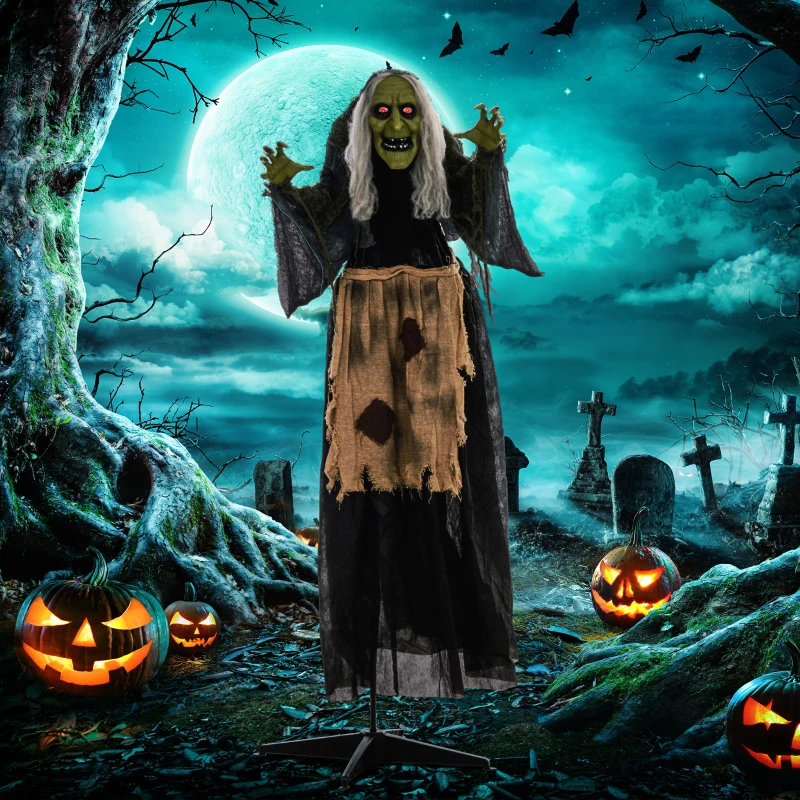 HOMCOM 5'2" Hunchback Witch Halloween Animatronic, with Glowing Eyes
