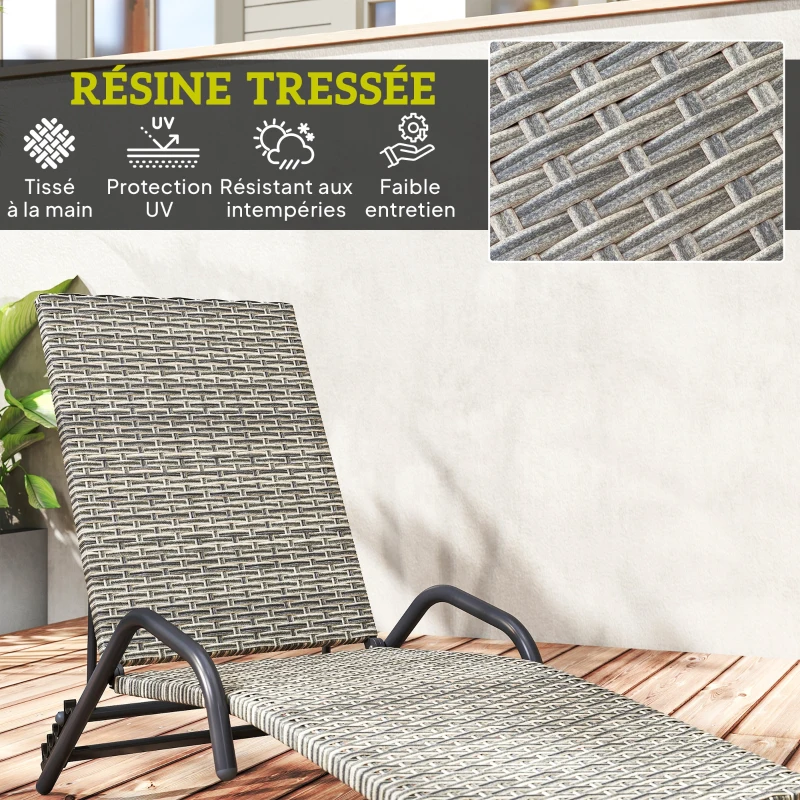 Outsunny Bain de soleil chaise longue en résine tressée inclinable et réglable sur 4 niveaux en forme de S, 156x62x96cm marron