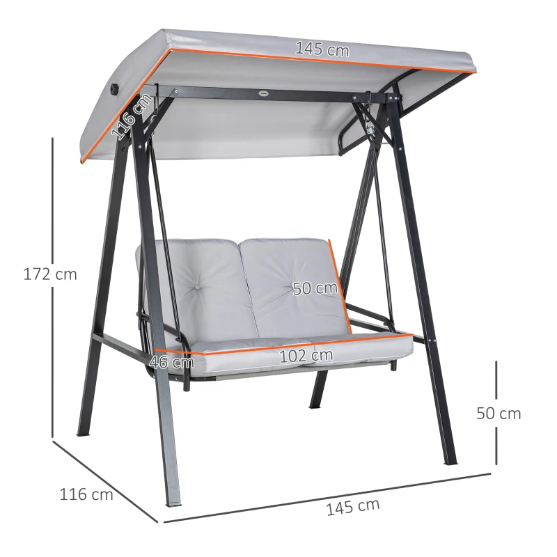 Outsunny Hollywoodschommel, 2-zits tuinschommel met verstelbaar dak, tot 220 kg belastbaar, 145 x 116 x 172 cm, Grijs