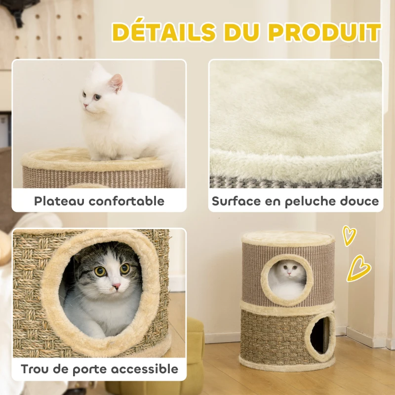 PawHut Krabton, 49 cm hoog, Ø35,5 cm tweelaagse kattenton met pluche rand krabmat, 2 holen Khaki+Koffie