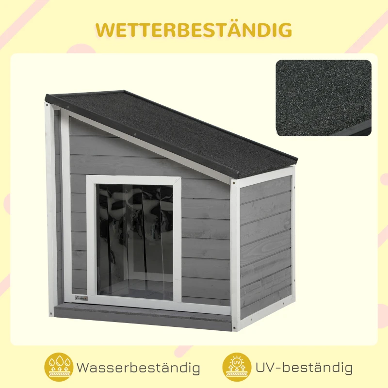 PawHut Hundehütte aus Massivholz, wetterbeständig, Asphaltdach, 71 cm x 58 cm x 77 cm, Grau + Weiß
