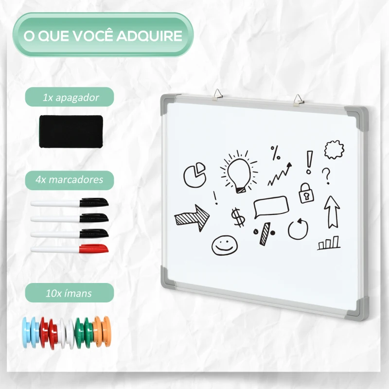 HOMCOM Quadro Magnético com Estrutura de Liga de Alumínio 60x45cm Quadro Magnético com Apagador 4 Marcadores e 10 Ímás Branco