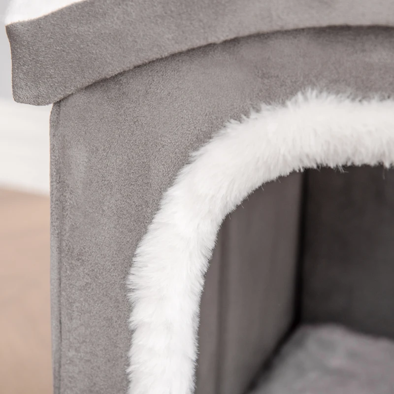 Pawhut Casetta per Gatti da Interno con 2 Entrate, Finestra e Base Antiscivolo, 63.5x37x40cm, Grigio