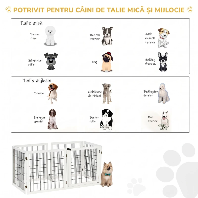 PawHut Poartă pentru Câini de Talie Mică/Medie cu 6 Panouri Pliabile, din Lemn și Oțel, 432x36x70 cm, Alb