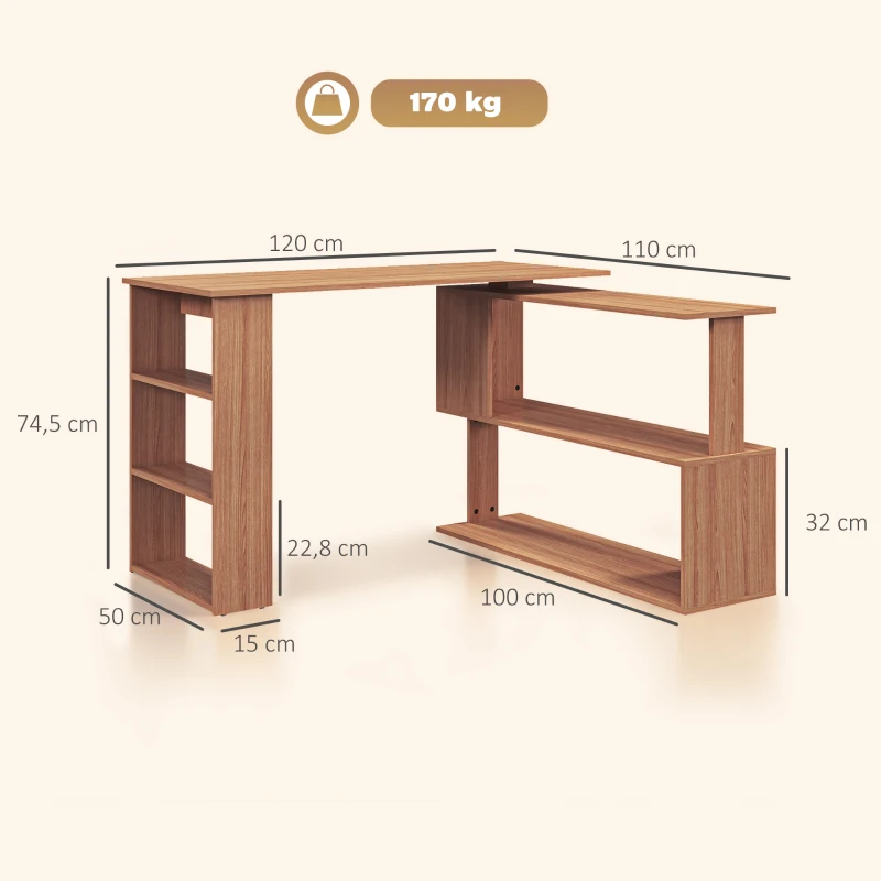 HOMCOM Secretária em L com Estante e Prateleiras para Escritório e Estudo 120x110x74,5 cm Cor Ácer