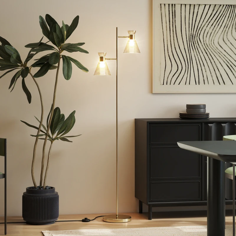 HOMCOM Lampada da Terra Moderna con 2 Luci e Teste Regolabili, Interruttore a Pedale, Oro