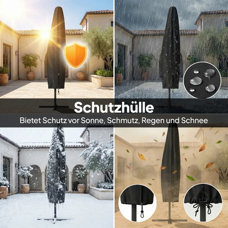 Outsunny Vrijhangende parasol LED Solar ca. Ø300 cm draaibaar parasol met slinger, standaard, beschermhoes Donkergrijs