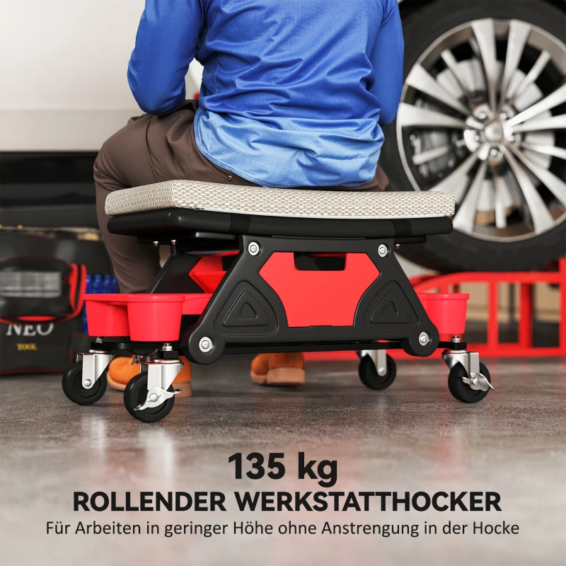 HOMCOM Werkplaatskruk met Wielen en Opbergruimte - 35 cm Hoog, tot 135 kg Belastbaar in Grijs